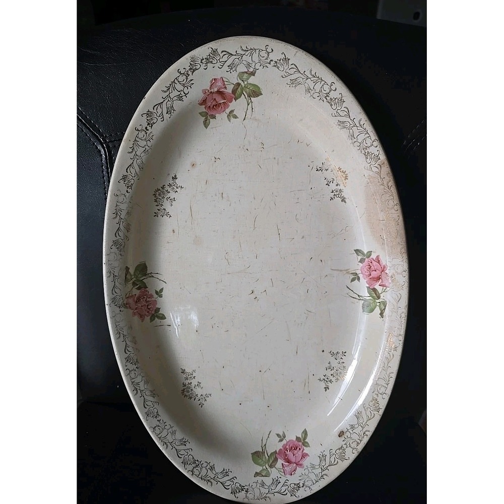 Vintage Oval Serving Platter‎ Roses Floral Gold Accent Elegant Dinner Party